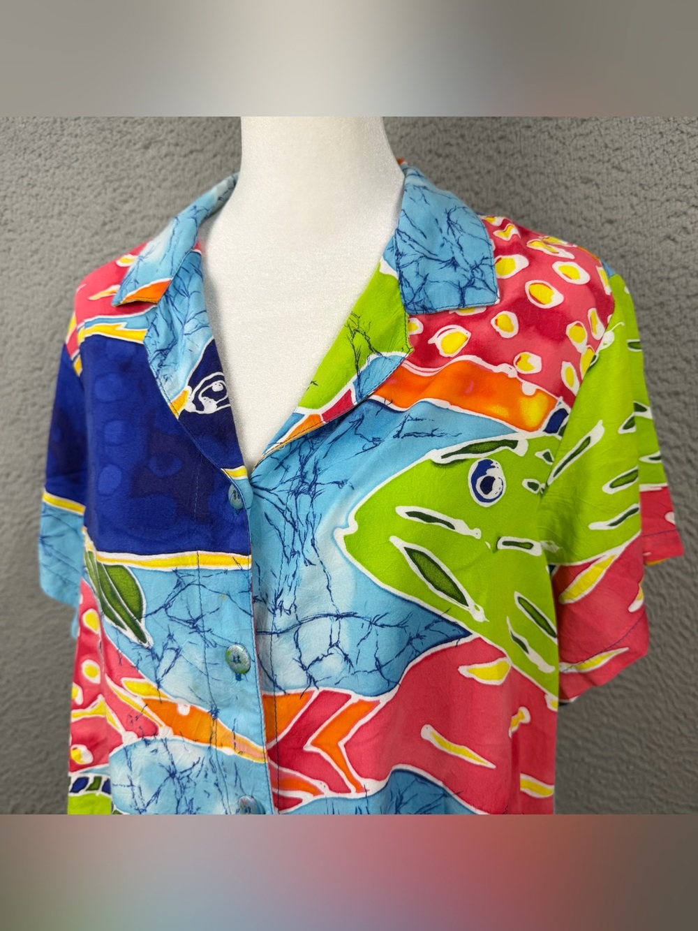 Jams World Blouse Womens Medium Multicolor Fish Hawaiian Preppy Button Rayon